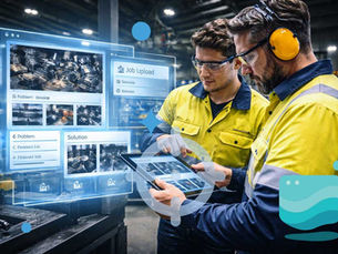 Tasmanian industrial workshop workers using a tablet to document a completed job with a blue holographic system overlay showing digital workflow and content capture