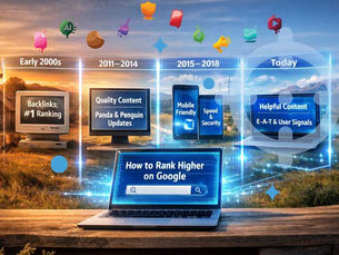 Multiple computer screens from early 2000's to today showing the Google website ranking system.