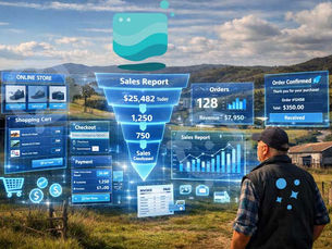 A rural business owner looking at a holographic interface showing all his website and sales systems working.
