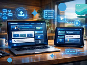 A laptop and tablet on a desk with educational learning courses and blue holographic process overlays, portraying learning content.