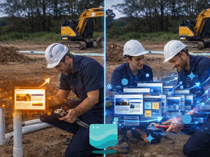 Plumber on Australian construction site comparing small single-page website growth with large multi-page business blogging strategy using holographic overlays