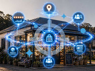 Retail shop in a regional Tasmanian setting with strong blue holographic connections illustrating how Google links reviews, location, services, and website content to understand a business