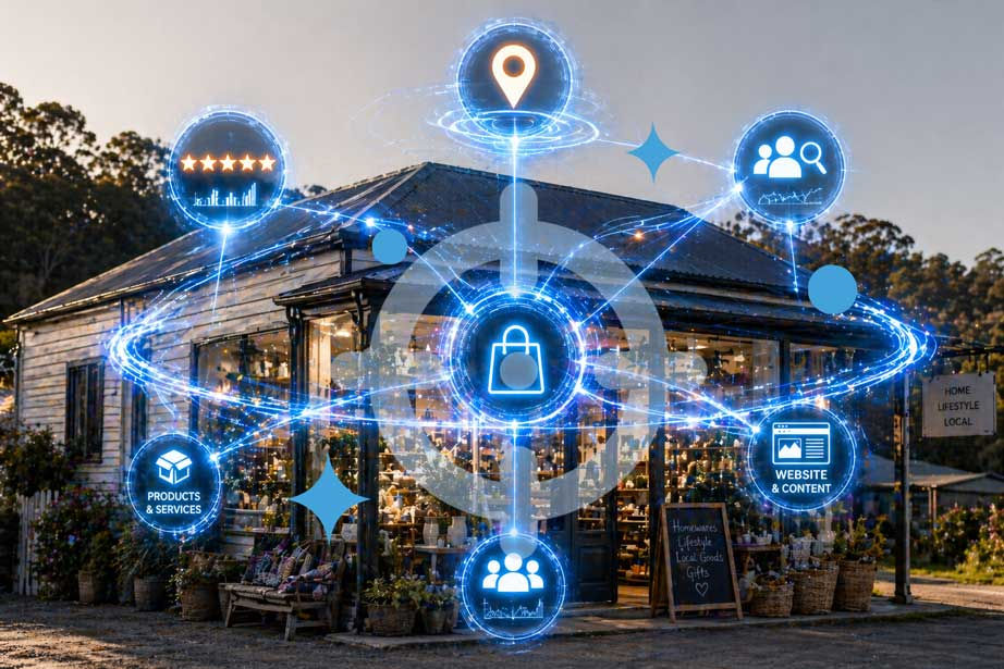 Retail shop in a regional Tasmanian setting with strong blue holographic connections illustrating how Google links reviews, location, services, and website content to understand a business