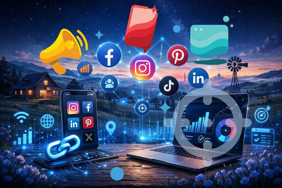 Futuristic rural marketing scene showing social media platforms, tracking connections, analytics dashboard, laptop and phone representing social tracking code setup.