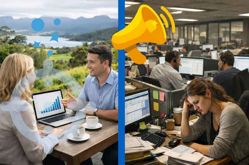 A split image on the left a man and a woman in a nice scenic environment and on the right a very tight and cramped corporate office floor.