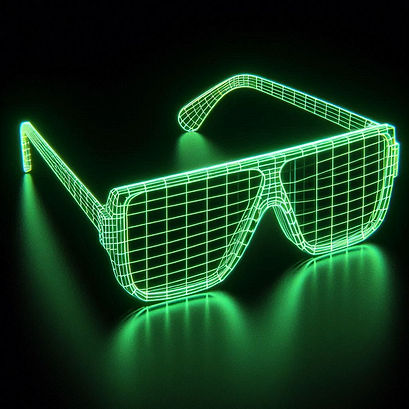 green phosphor wireframe sunglasses with a rectangular monolens and glowing frames on a bl