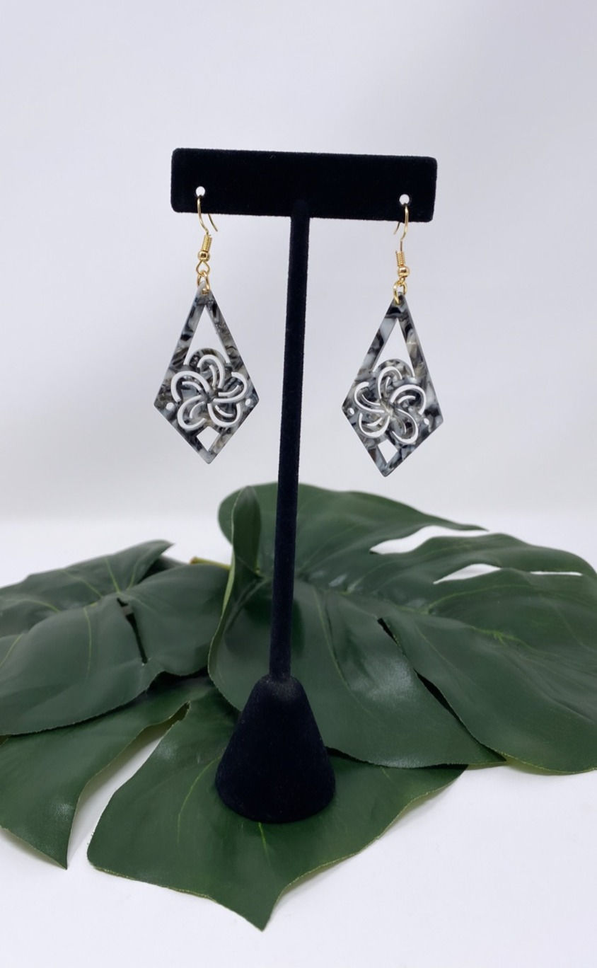 Thumbnail: Faux Turtle Shell Plumeria Diamond Earrings