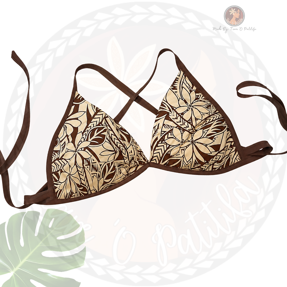 Thumbnail: Brown & Cream Tahitian Tribal Tiare Motif Print Cross Back Bra Top