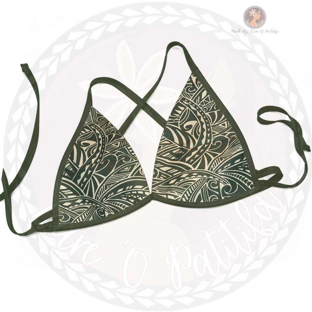 Green & White Tahitian Tribal Motif Print Cross Back Bra Top