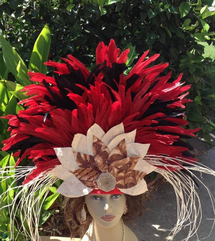 Thumbnail: Red & Black Tapa Flower Tahitian Headdress – Ori Tahiti Headpiece