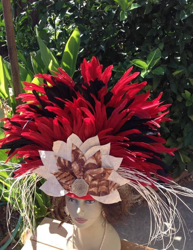 Thumbnail: Red & Black Tapa Flower Tahitian Headdress – Ori Tahiti Headpiece