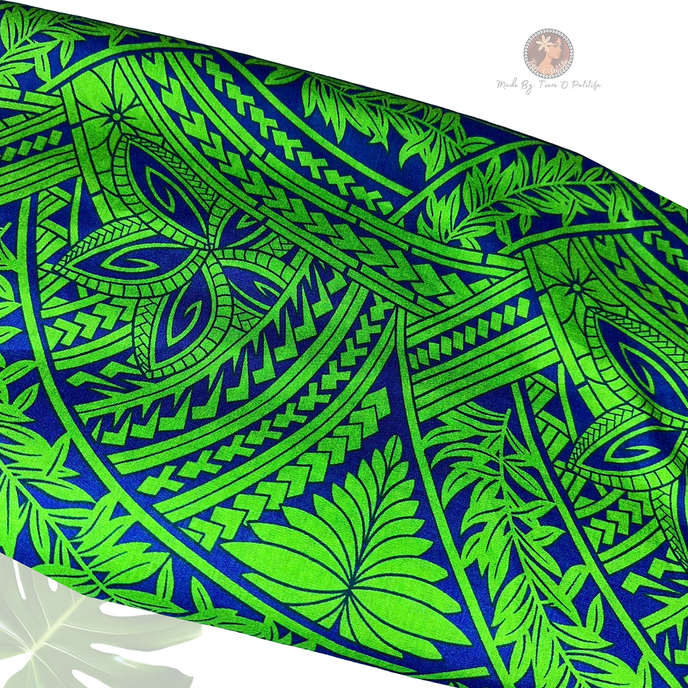 Thumbnail: Green & Blue Tahitian Tribal Print Pareu and Bra Top RAYON Set, Ori Tahiti