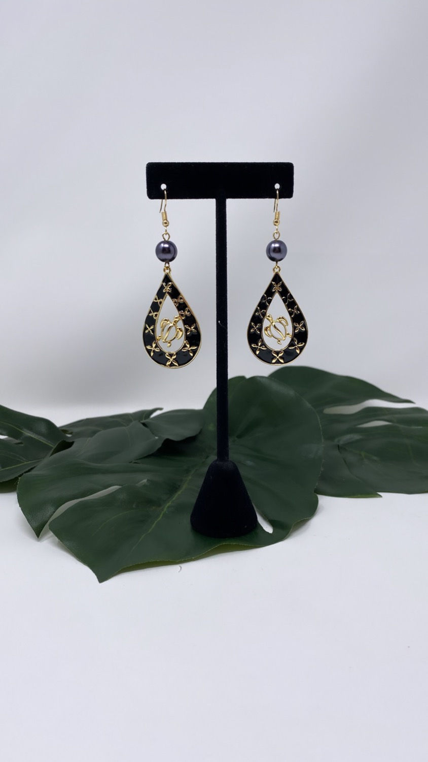Thumbnail: Hawaiian Tribal Halo Teardrop Turtle Earrings