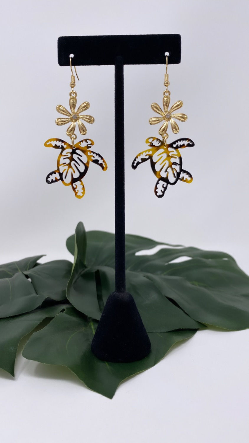 Thumbnail: Faux Turtle Shell Floral Turtle Earrings