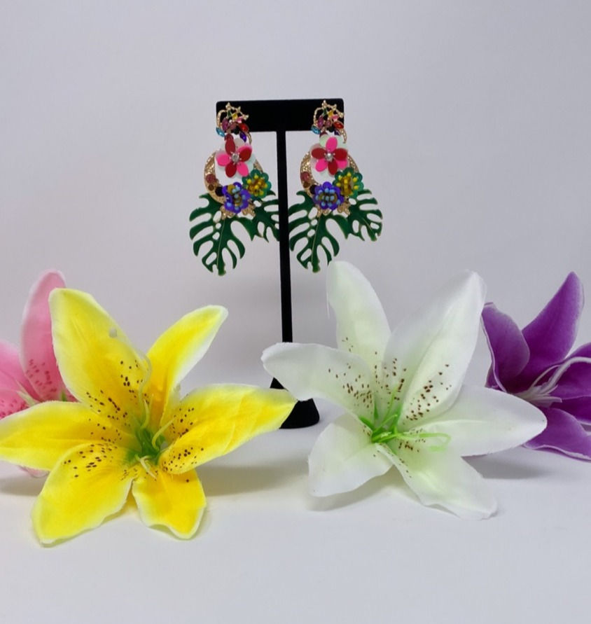 Thumbnail: Tropical Monstera stud dangle earrings