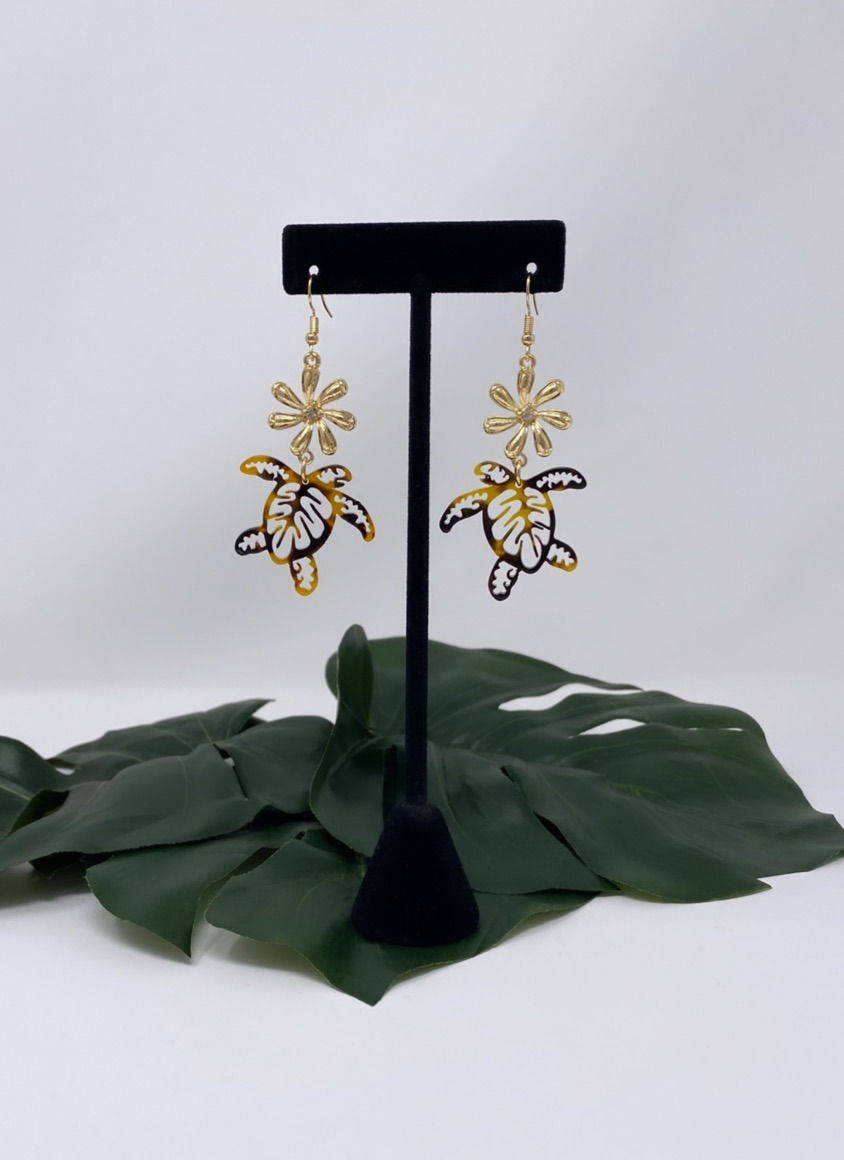 Thumbnail: Faux Turtle Shell Floral Turtle Earrings