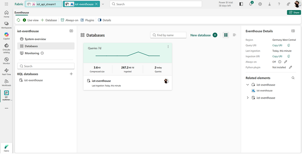 Eventhouse showing real-time ingestion and KQL database activity