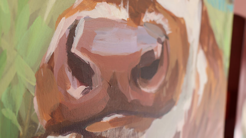 Thumbnail: A cute brown cow called cinnamon sitting in a field - original acrylic painting