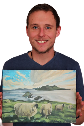 irish artist holding artwork of sheep grazing at the blasket islands