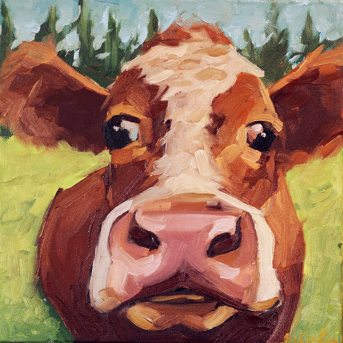 Wide eyed irish cow with funny look - Original irish oil painting