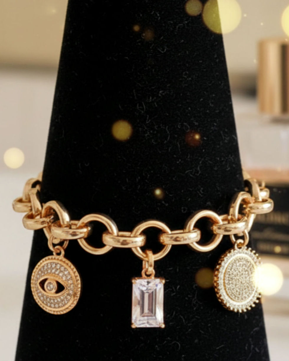 Pulseiras Olho grego, Cristal e Sol - fecho imã - banho ouro 18k