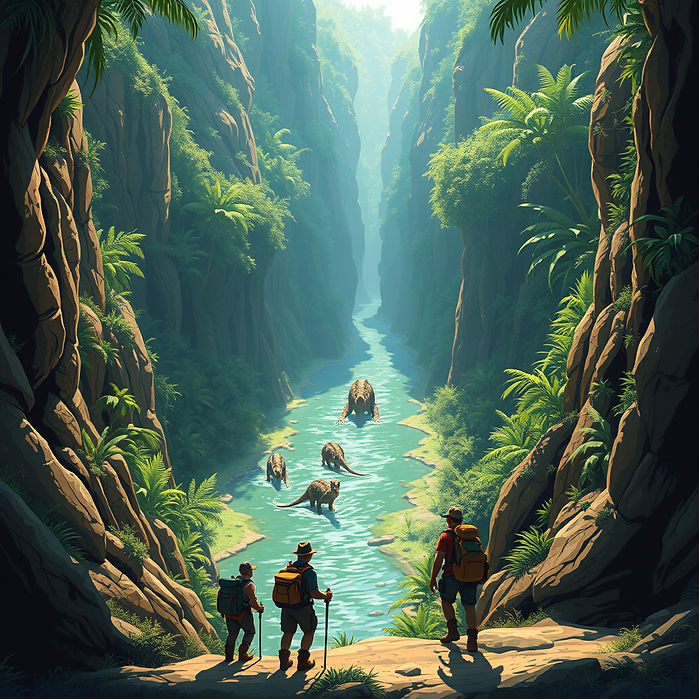 A digital illustration of four adventurers treking through the bottom of a jungle canyon.