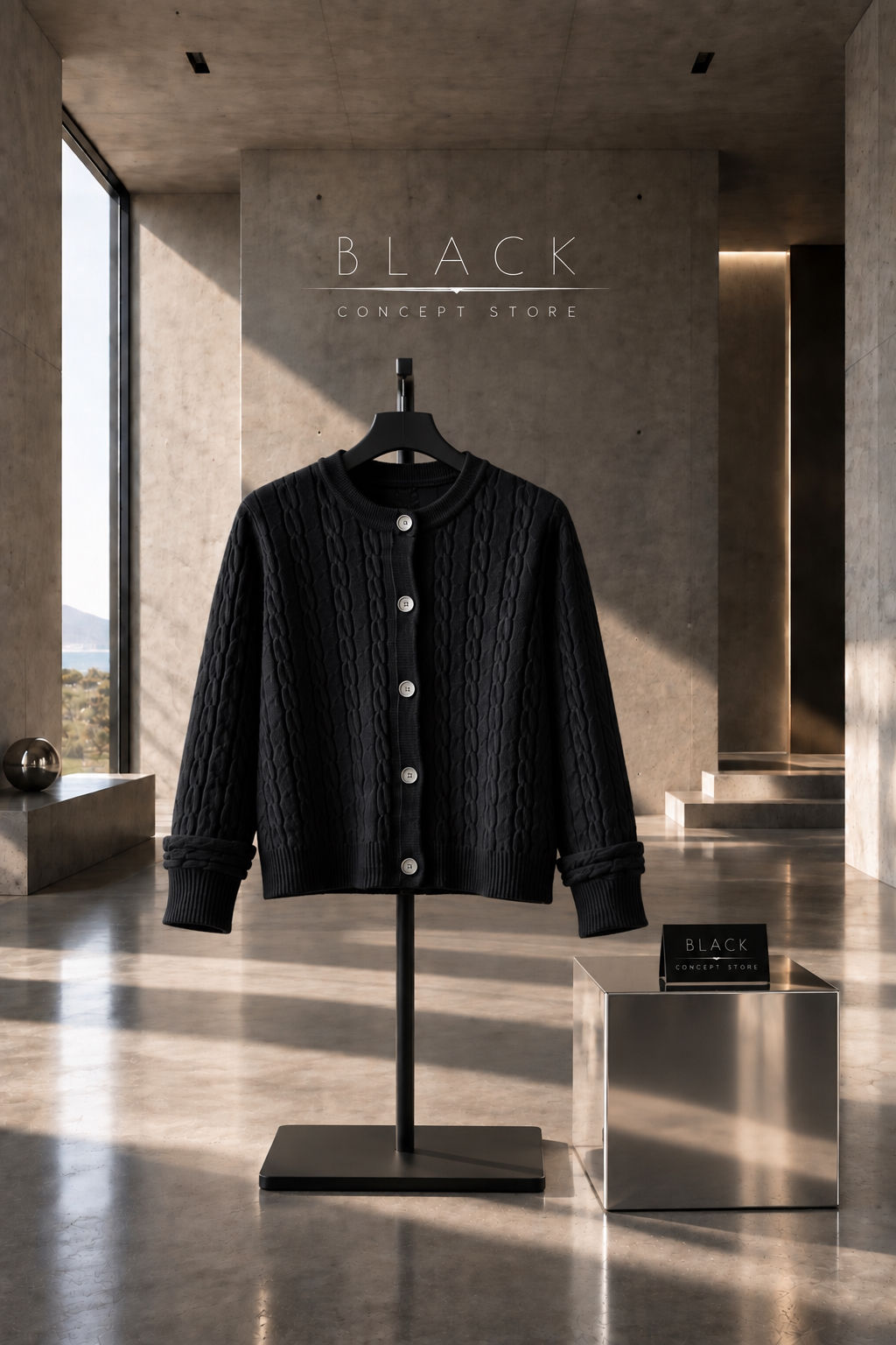 Schwarze Strickjacke Damen - Minimalistischer Cardigan mit Zopfmuster