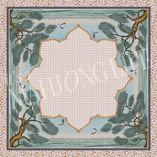 Full mat view of Lowcountry Horizon Mahjong Mat features a light brown dotted border with a marsh, tree branches and birds.