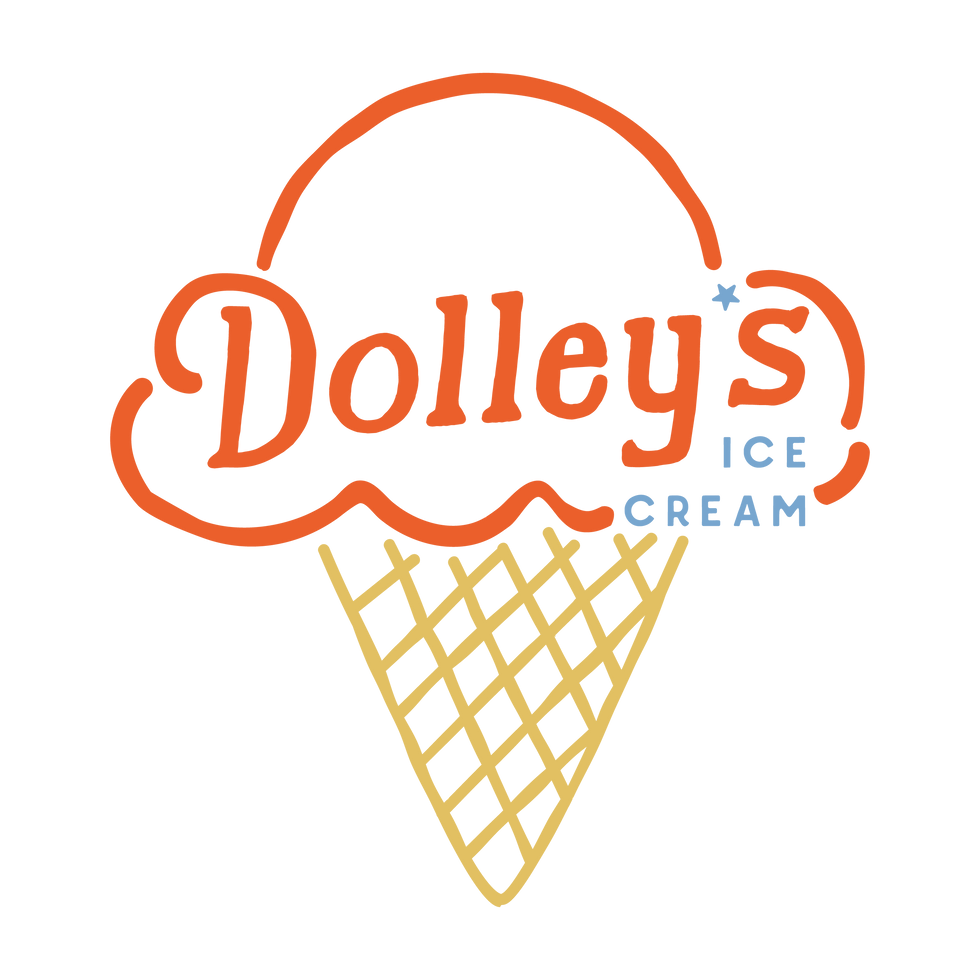 Dolley's Ice Cream logo with poppy colored ice cream scoop in a cone with Dolley's Ice Cream in blue text. 