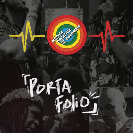 Portada del Portafolio Música Creativa de Colombia 2026 con artistas de Champeta y reggae colombiano en un collage visual de escenarios, música y cultura.