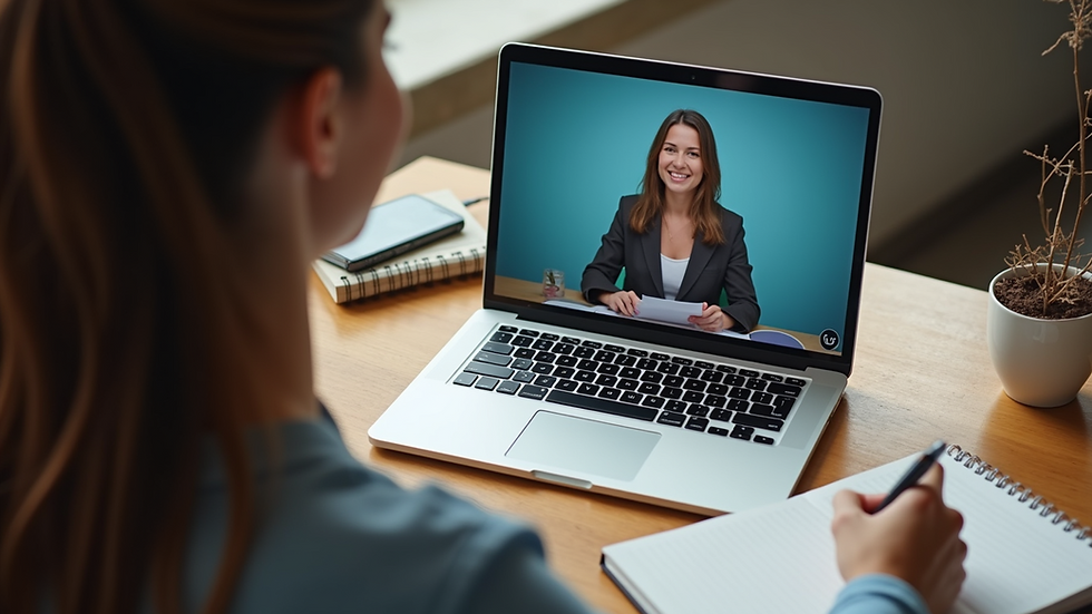 High angle view of a desk with a laptop playing an educational video and a notebook for notes