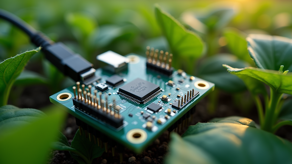 Close-up view of a microcontroller connected to sensors for plant monitoring