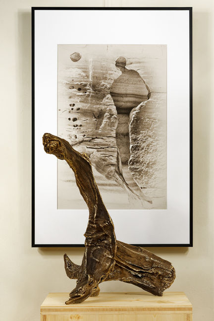 La sculpture et la photo à l'arrière.