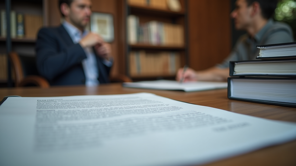 Eye-level view of a legal consultation office with books and documents