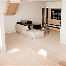 salon en 3D photoréaliste très clair de style scandinave