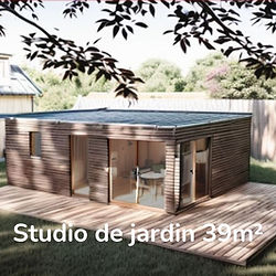 Studio de jardin (ou tiny house) à l'arrière d'une maison.