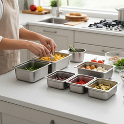 foto de tijela de aço inox retangular com comida dentro