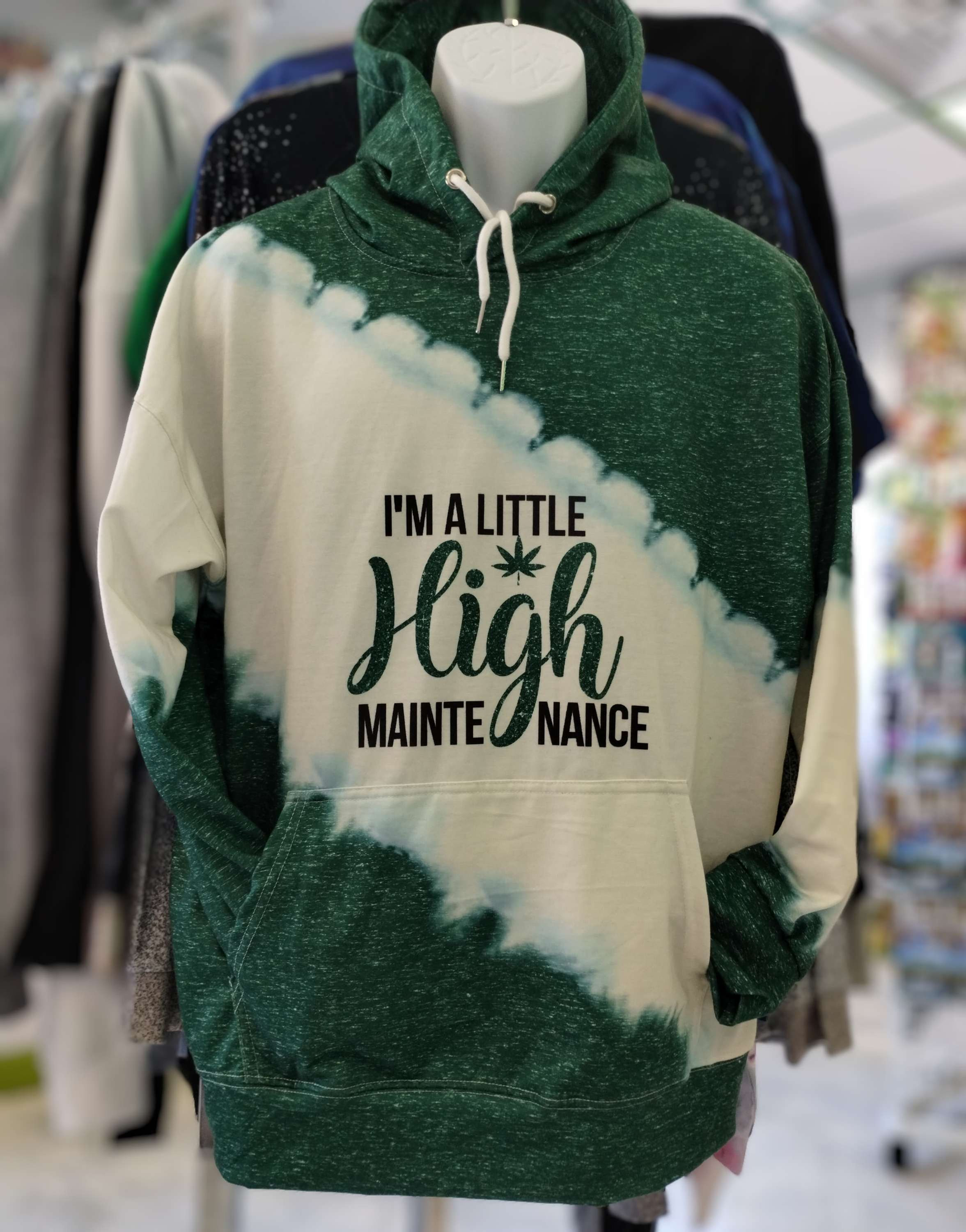 (Large) Green and White Hooded Long Sleeve Shirt with Pocket 