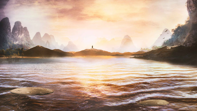 Cinematic scene of a lake with mountains in the distance and a mysterious character looking at the sunset