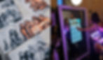 Two photos split in the middle. Left photo shows several examples of photo booth glam prints in color and black and white. Right photo shows a mirror photo booth screen with a giant phone number display and a woman typing her number