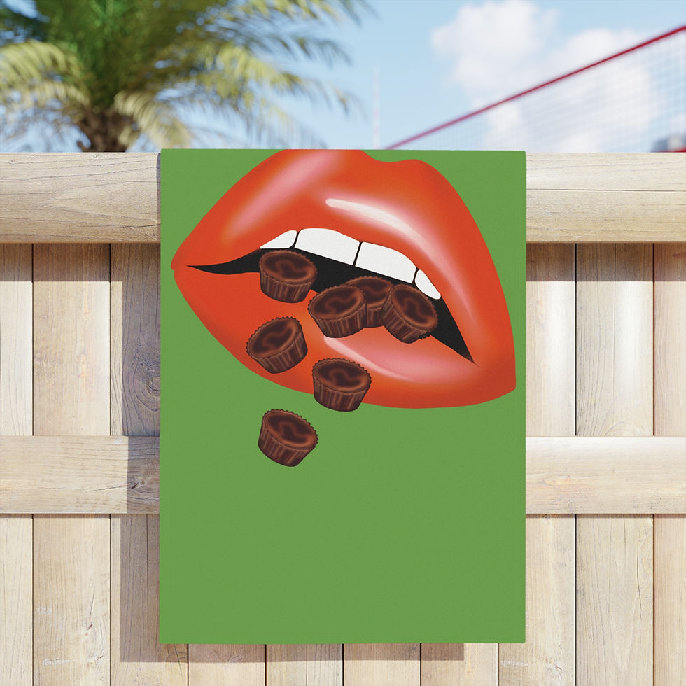 Thumbnail: Bold Lip Beach Towels - Chocolate Cups Design, Vibrant Green Towels 