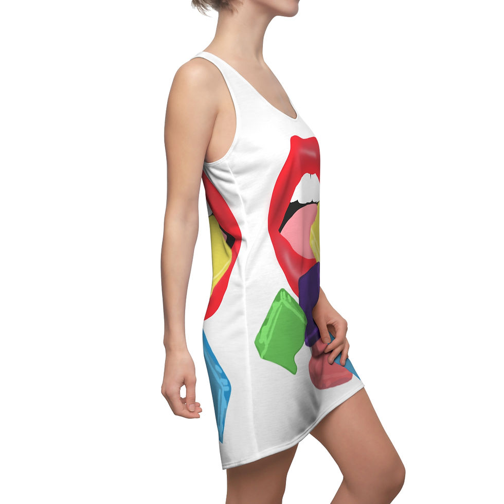 Thumbnail: Taffy Lip Pop Art Racerback Dress, Fun Summer Dress, Vibrant Casual Wear