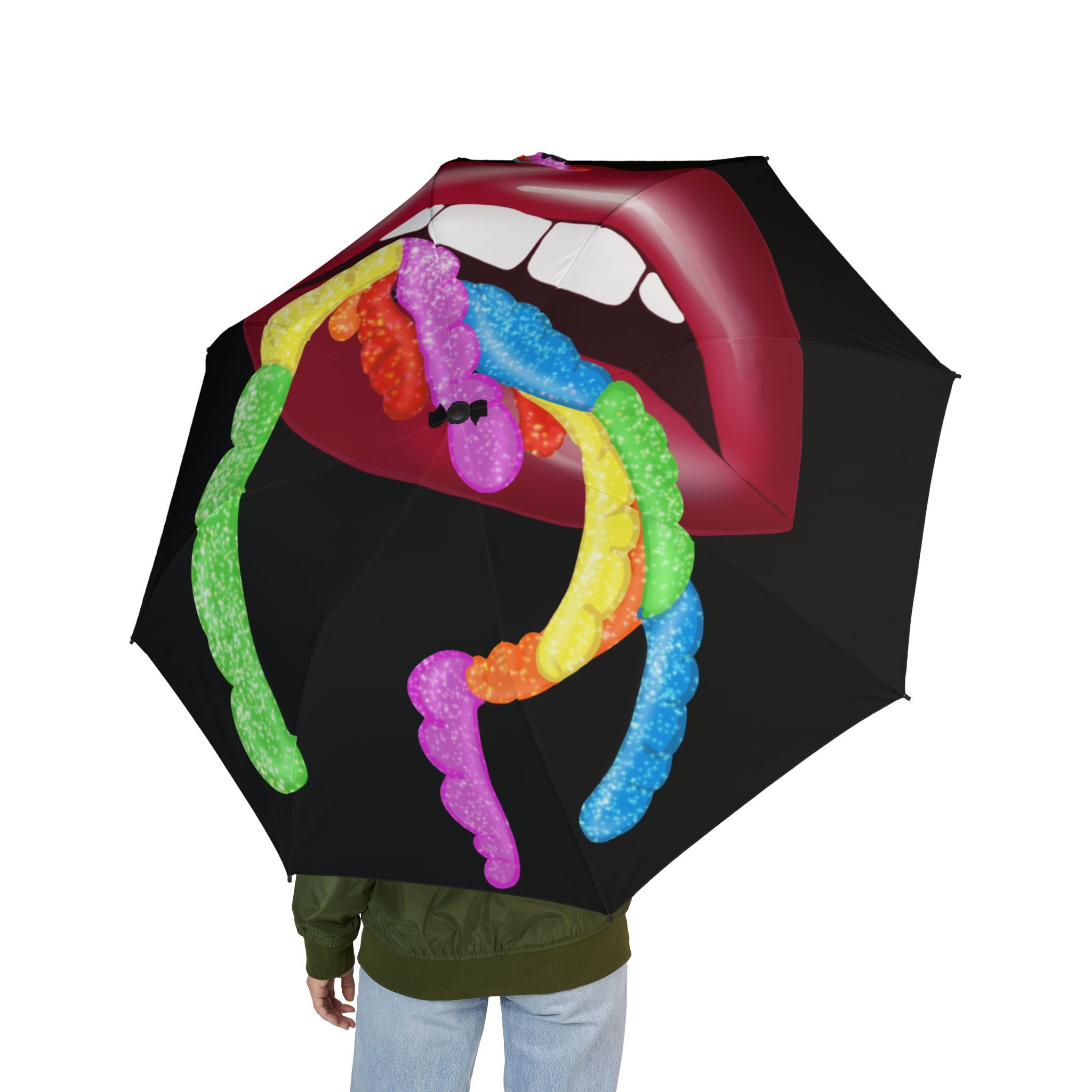 Colorful Gummy worms -Themed Umbrella, Fun Rain Gear, Black Umbrella