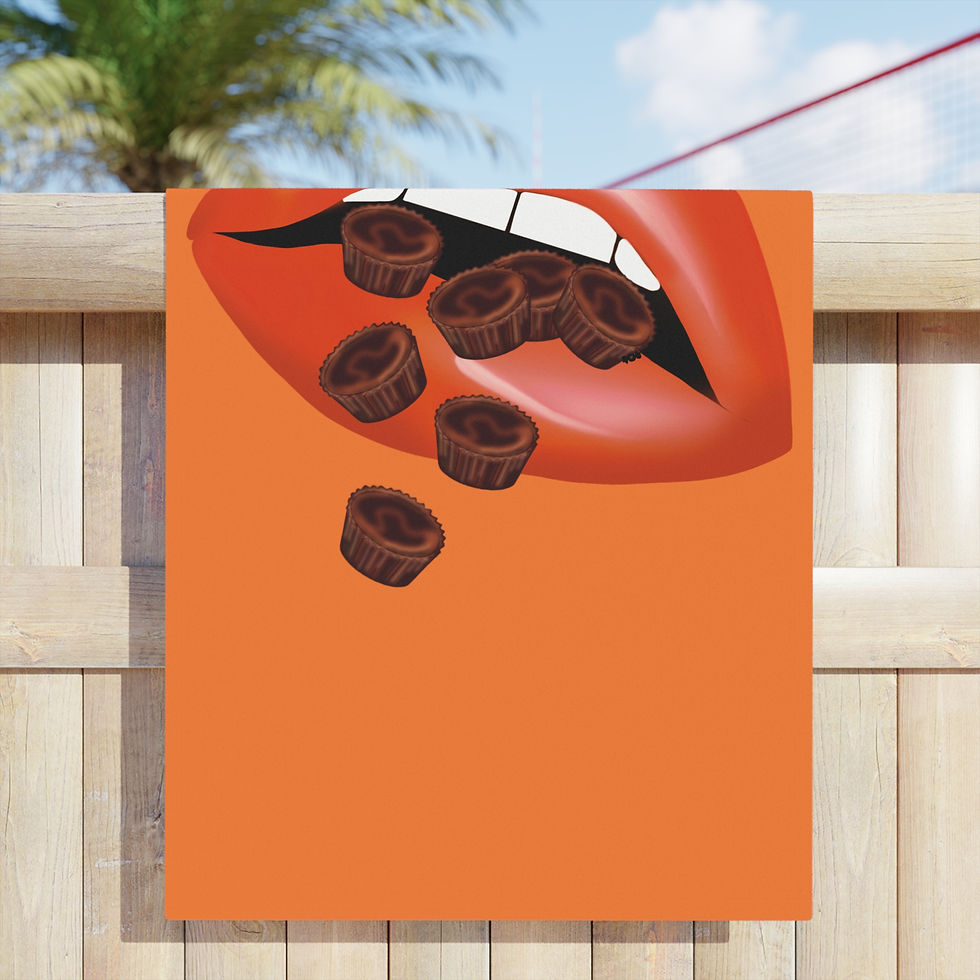 Thumbnail: Bold Lip Beach Towels - Chocolate Cups Design, Vibrant Orange Towels 