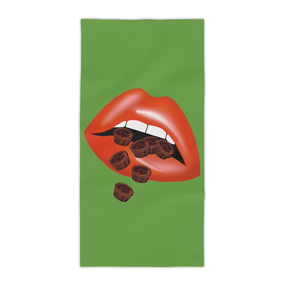Thumbnail: Bold Lip Beach Towels - Chocolate Cups Design, Vibrant Green Towels 