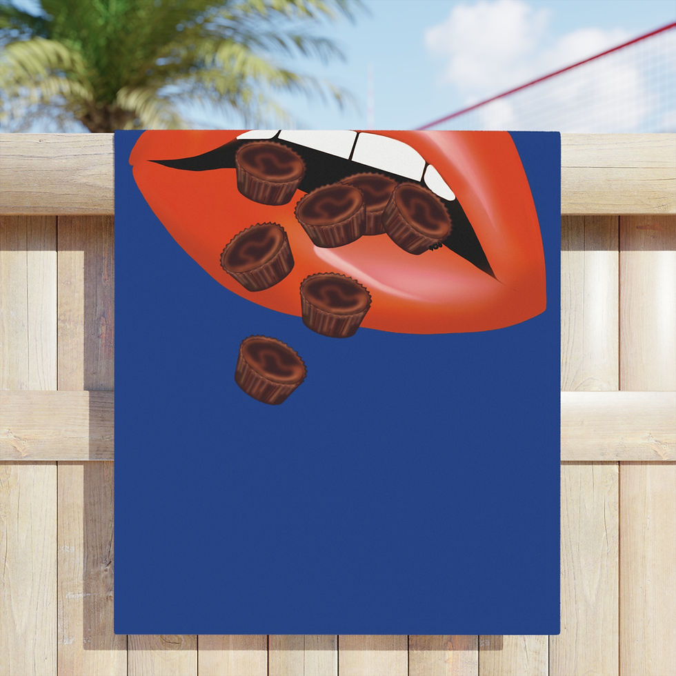 Thumbnail: Bold Lip Beach Towels - Chocolate Cups Design, Vibrant Blue Towels 