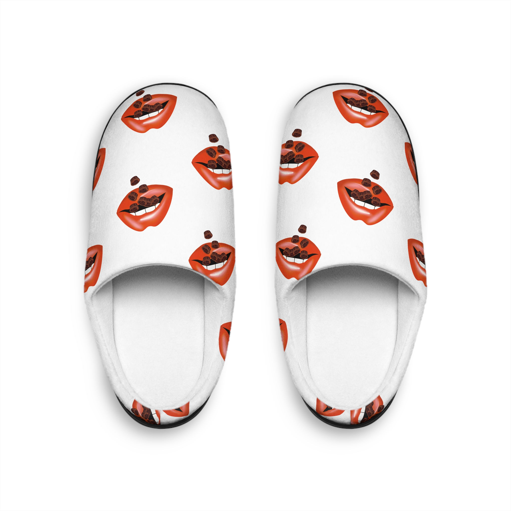 White-Stylish Chocolate Cups Indoor Slippers with Bold Lip Design, Trendy
