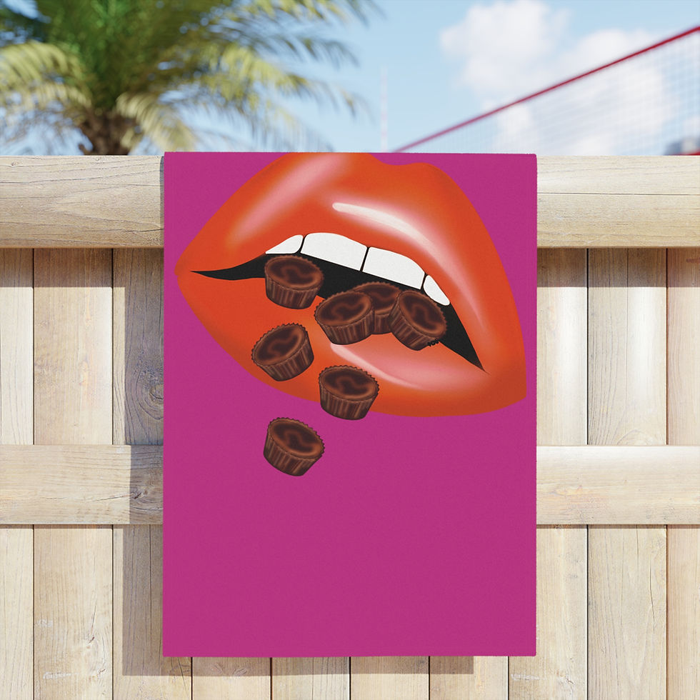 Thumbnail: Bold Lip Beach Towels - Chocolate Cups Design, Vibrant Pink Towels 
