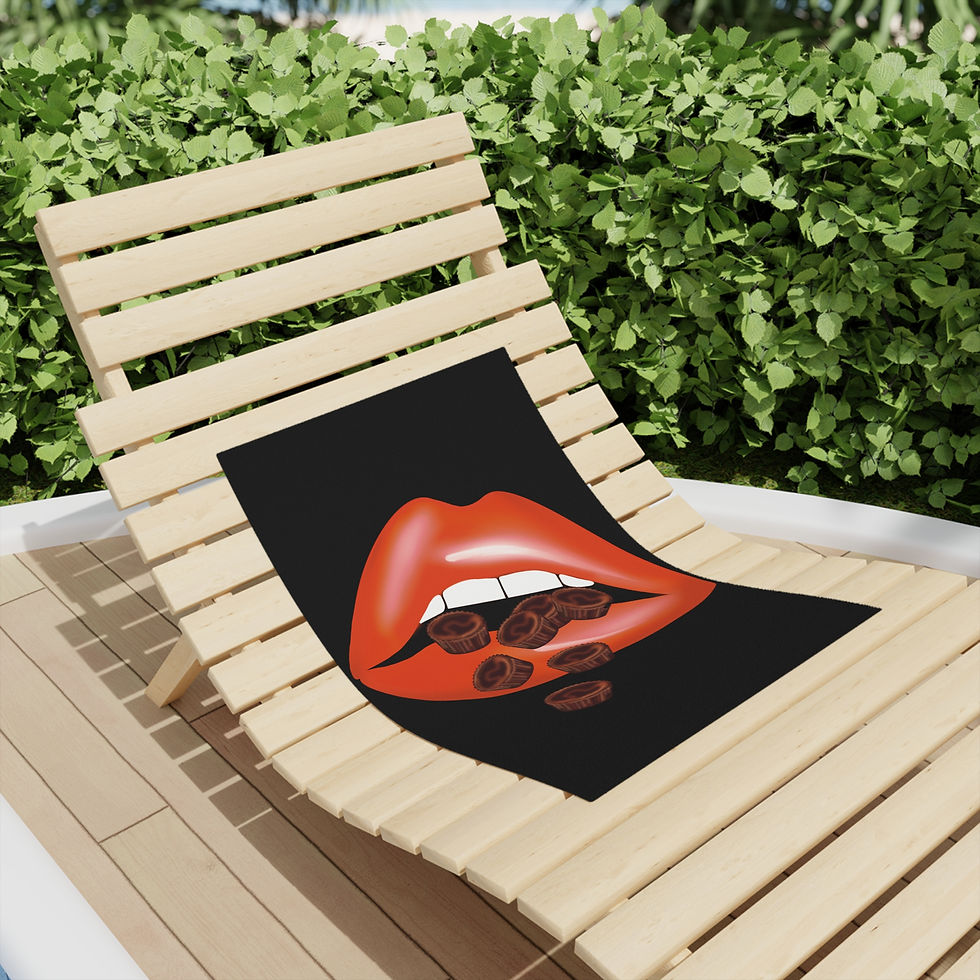 Thumbnail: Bold Lip Beach Towels - Chocolate Cups Design, Vibrant Black Towels 