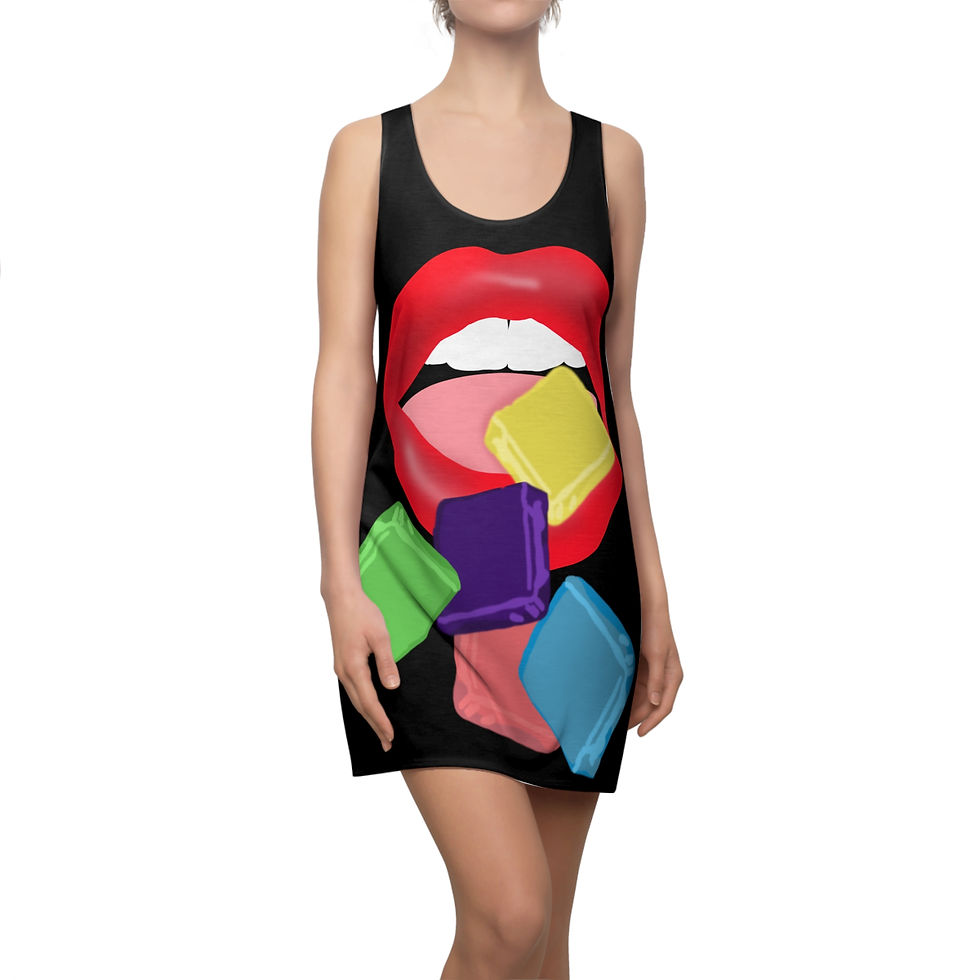 Thumbnail: Taffy Lip Pop Art Racerback Dress, Fun Black Summer Dress, Vibrant Casual Wear